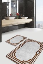 - PaspasTakimi-2li-Set1014-Gorsel-1 - Realhomes  2'li Set Kahverengi - Gri Zeminde Çerçeveli Motifli Klasik Desenli Vintage Geometrik  2'li Banyo & Mutfak Paspas Takımı Realhomes