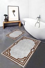 - PaspasTakimi-2li-Set1014-Gorsel - Realhomes  2'li Set Kahverengi - Gri Zeminde Çerçeveli Motifli Klasik Desenli Vintage Geometrik  2'li Banyo & Mutfak Paspas Takımı Realhomes