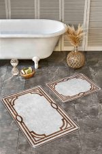 - Realhomes - Realhomes  2'li Set Kahverengi - Gri Zeminde Çerçeveli Motifli Klasik Desenli Vintage Geometrik  2'li Banyo & Mutfak Paspas Takımı Realhomes