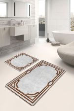 - PaspasTakimi-2li-Set1014-Gorsel-4 - Realhomes  2'li Set Kahverengi - Gri Zeminde Çerçeveli Motifli Klasik Desenli Vintage Geometrik  2'li Banyo & Mutfak Paspas Takımı Realhomes