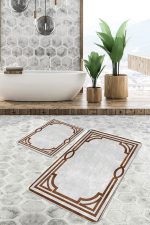 - PaspasTakimi-2li-Set1014-Gorsel-5 - Realhomes  2'li Set Kahverengi - Gri Zeminde Çerçeveli Motifli Klasik Desenli Vintage Geometrik  2'li Banyo & Mutfak Paspas Takımı Realhomes