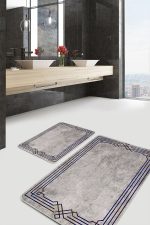 - PaspasTakimi-2li-Set1015-Gorsel-1 - Realhomes 2'li Set Füme - Gri Zeminde Çerçeveli Motifli Dokuma Halı Desenli Geometrik Klasik 2'li Banyo & Mutfak Paspas Takımı Realhomes