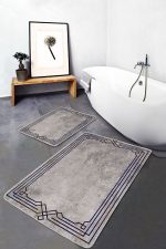 - PaspasTakimi-2li-Set1015-Gorsel - Realhomes 2'li Set Füme - Gri Zeminde Çerçeveli Motifli Dokuma Halı Desenli Geometrik Klasik 2'li Banyo & Mutfak Paspas Takımı Realhomes