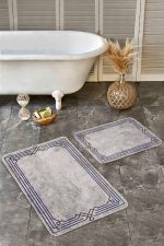 - Realhomes - Realhomes 2'li Set Füme - Gri Zeminde Çerçeveli Motifli Dokuma Halı Desenli Geometrik Klasik 2'li Banyo & Mutfak Paspas Takımı Realhomes