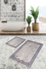 - PaspasTakimi-2li-Set1015-Gorsel-5 - Realhomes 2'li Set Füme - Gri Zeminde Çerçeveli Motifli Dokuma Halı Desenli Geometrik Klasik 2'li Banyo & Mutfak Paspas Takımı Realhomes