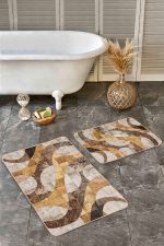 - Realhomes - Realhomes 2'li Set Krem Zeminde Geometrik Motifli Post Desenli Sade & Şık Klasik 2'li Banyo & Mutfak Paspas Takımı Realhomes