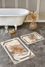 - Realhomes - Realhomes  2'li Set Klasik Zeminde Çerçeve Motifli Mermer Desenli Geometrik Vintage  2'li Banyo & Mutfak Paspas Takımı Realhomes