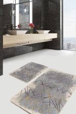 - PaspasTakimi-2li-Set1020-Gorsel-1 - Realhomes  2'li Set Gold - Gri Zeminde Geometrik Motifli Klasik Desenli Geometrik Klasik  2'li Banyo & Mutfak Paspas Takımı Realhomes
