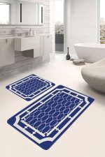 - PaspasTakimi-2li-Set1022-Gorsel-1 - Realhomes 2'li Set Lacivert Zeminde Çerçeveli Motifli Geomertrik Desenli Klasik Geometrik 2'li Banyo & Mutfak Paspas Takımı Realhomes