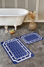 - Realhomes - Realhomes 2'li Set Lacivert Zeminde Çerçeveli Motifli Geomertrik Desenli Klasik Geometrik 2'li Banyo & Mutfak Paspas Takımı Realhomes
