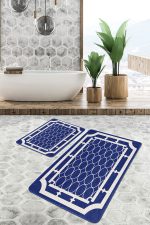 - PaspasTakimi-2li-Set1022-Gorsel-2 - Realhomes 2'li Set Lacivert Zeminde Çerçeveli Motifli Geomertrik Desenli Klasik Geometrik 2'li Banyo & Mutfak Paspas Takımı Realhomes