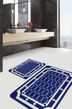- PaspasTakimi-2li-Set1022-Gorsel-5 - Realhomes 2'li Set Lacivert Zeminde Çerçeveli Motifli Geomertrik Desenli Klasik Geometrik 2'li Banyo & Mutfak Paspas Takımı Realhomes