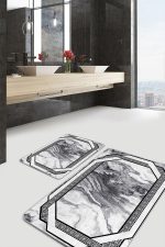 - PaspasTakimi-2li-Set1023-Gorsel-1 - Realhomes  2'li Set Siyah - Füme Zeminde Dokuma Halı Motifli Mermer Desenli Klasik Sade & Şık  2'li Banyo & Mutfak Paspas Takımı Realhomes