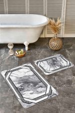 - Realhomes - Realhomes  2'li Set Siyah - Füme Zeminde Dokuma Halı Motifli Mermer Desenli Klasik Sade & Şık  2'li Banyo & Mutfak Paspas Takımı Realhomes