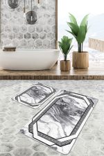 - PaspasTakimi-2li-Set1023-Gorsel-5 - Realhomes  2'li Set Siyah - Füme Zeminde Dokuma Halı Motifli Mermer Desenli Klasik Sade & Şık  2'li Banyo & Mutfak Paspas Takımı Realhomes