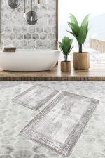 - PaspasTakimi-2li-Set1025-Gorsel-1 - Realhomes 2'li Set Krem - Gri Zeminde Çerçeveli Motifli Antik Desenli Geometrik Eskitme Motifli 2'li Banyo & Mutfak Paspas Takımı Realhomes