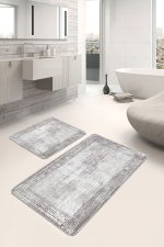 - PaspasTakimi-2li-Set1025-Gorsel - Realhomes 2'li Set Krem - Gri Zeminde Çerçeveli Motifli Antik Desenli Geometrik Eskitme Motifli 2'li Banyo & Mutfak Paspas Takımı Realhomes