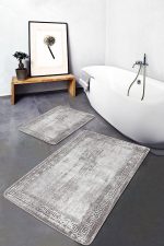 - PaspasTakimi-2li-Set1025-Gorsel-2 - Realhomes 2'li Set Krem - Gri Zeminde Çerçeveli Motifli Antik Desenli Geometrik Eskitme Motifli 2'li Banyo & Mutfak Paspas Takımı Realhomes