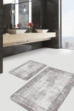 - PaspasTakimi-2li-Set1025-Gorsel-4 - Realhomes 2'li Set Krem - Gri Zeminde Çerçeveli Motifli Antik Desenli Geometrik Eskitme Motifli 2'li Banyo & Mutfak Paspas Takımı Realhomes