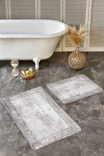 - Realhomes - Realhomes 2'li Set Krem - Gri Zeminde Çerçeveli Motifli Antik Desenli Geometrik Eskitme Motifli 2'li Banyo & Mutfak Paspas Takımı Realhomes