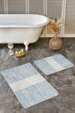 2'li Set Mavi - Bej Zeminde Geometrik Motifli Etnik Desenli Eskitme Motifli Geometrik  2'li Banyo & Mutfak Paspas Takımı Realhomes