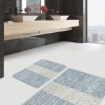 2'li Set Pembe - Sarı Zeminde Geometrik Motifli Çizgili Desenli Geometrik Klasik  2'li Banyo & Mutfak Paspas Takımı Realhomes