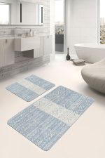 2'li Set Mavi - Bej Zeminde Geometrik Motifli Etnik Desenli Eskitme Motifli Geometrik  2'li Banyo & Mutfak Paspas Takımı Realhomes
