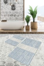 2'li Set Mavi - Bej Zeminde Geometrik Motifli Etnik Desenli Eskitme Motifli Geometrik  2'li Banyo & Mutfak Paspas Takımı Realhomes