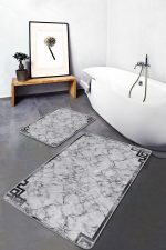 - PaspasTakimi-2li-Set1028-Gorsel-1 - Realhomes  2'li Set Gri - Siyah Zeminde Çerçeveli Motifli Mermer Desenli Klasik Eskitme Motifli  2'li Banyo & Mutfak Paspas Takımı Realhomes