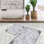 2'li Set Ekru Zeminde Çerçeveli Motifli Örme Desenli Sade & Şık Klasik  2'li Banyo & Mutfak Paspas Takımı Realhomes