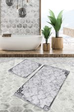 - PaspasTakimi-2li-Set1028-Gorsel - Realhomes  2'li Set Gri - Siyah Zeminde Çerçeveli Motifli Mermer Desenli Klasik Eskitme Motifli  2'li Banyo & Mutfak Paspas Takımı Realhomes
