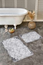 - Realhomes - Realhomes  2'li Set Gri - Siyah Zeminde Çerçeveli Motifli Mermer Desenli Klasik Eskitme Motifli  2'li Banyo & Mutfak Paspas Takımı Realhomes