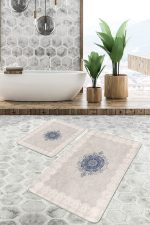 - PaspasTakimi-2li-Set1030-Gorsel - Realhomes  2'li Set Krem - Mavi Zeminde Çerçeveli Motifli Etnik Desenli Avangarde Vintage  2'li Banyo & Mutfak Paspas Takımı Realhomes