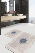 - PaspasTakimi-2li-Set1030-Gorsel-2 - Realhomes  2'li Set Krem - Mavi Zeminde Çerçeveli Motifli Etnik Desenli Avangarde Vintage  2'li Banyo & Mutfak Paspas Takımı Realhomes