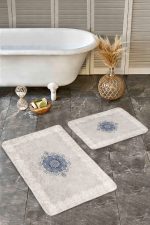 - Realhomes - Realhomes  2'li Set Krem - Mavi Zeminde Çerçeveli Motifli Etnik Desenli Avangarde Vintage  2'li Banyo & Mutfak Paspas Takımı Realhomes