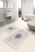 - PaspasTakimi-2li-Set1030-Gorsel-5 - Realhomes  2'li Set Krem - Mavi Zeminde Çerçeveli Motifli Etnik Desenli Avangarde Vintage  2'li Banyo & Mutfak Paspas Takımı Realhomes