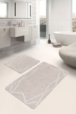 - PaspasTakimi-2li-Set1031-Gorsel-4 - Realhomes  2'li Set Krem - Beyaz Zeminde Çerçeveli Motifli Dokuma Desenli Geometrik Sade & Şık  2'li Banyo & Mutfak Paspas Takımı Realhomes