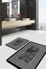 - PaspasTakimi-2li-Set1032-Gorsel-1 - Realhomes  2'li Set Siyah - Beyaz Zeminde Çerçeveli Motifli Eskitme Desenli Geometrik Avangarde  2'li Banyo & Mutfak Paspas Takımı Realhomes