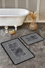 - Realhomes - Realhomes  2'li Set Siyah - Beyaz Zeminde Çerçeveli Motifli Eskitme Desenli Geometrik Avangarde  2'li Banyo & Mutfak Paspas Takımı Realhomes