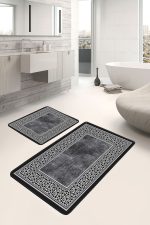 - PaspasTakimi-2li-Set1032-Gorsel-4 - Realhomes  2'li Set Siyah - Beyaz Zeminde Çerçeveli Motifli Eskitme Desenli Geometrik Avangarde  2'li Banyo & Mutfak Paspas Takımı Realhomes