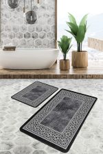 - PaspasTakimi-2li-Set1032-Gorsel-5 - Realhomes  2'li Set Siyah - Beyaz Zeminde Çerçeveli Motifli Eskitme Desenli Geometrik Avangarde  2'li Banyo & Mutfak Paspas Takımı Realhomes