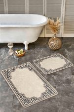 - Realhomes - Realhomes  2'li Set Krem - Kahverengi Zeminde Çerçeveli Motifli Klasik Desenli Geometrik Vintage  2'li Banyo & Mutfak Paspas Takımı Realhomes