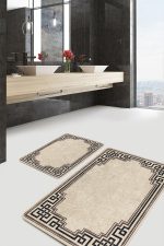 - PaspasTakimi-2li-Set1033-Gorsel - Realhomes  2'li Set Krem - Kahverengi Zeminde Çerçeveli Motifli Klasik Desenli Geometrik Vintage  2'li Banyo & Mutfak Paspas Takımı Realhomes