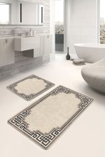 - PaspasTakimi-2li-Set1033-Gorsel-2 - Realhomes  2'li Set Krem - Kahverengi Zeminde Çerçeveli Motifli Klasik Desenli Geometrik Vintage  2'li Banyo & Mutfak Paspas Takımı Realhomes