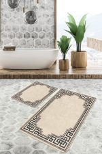 - PaspasTakimi-2li-Set1033-Gorsel-4 - Realhomes  2'li Set Krem - Kahverengi Zeminde Çerçeveli Motifli Klasik Desenli Geometrik Vintage  2'li Banyo & Mutfak Paspas Takımı Realhomes