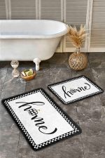 - Realhomes - Realhomes  2'li Set Siyah Beyaz Zeminde Çerçeveli Motifli Home Yazılı Desenli Klasik Sade & Şık  2'li Banyo & Mutfak Paspas Takımı Realhomes