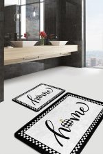 - PaspasTakimi-2li-Set1034-Gorsel - Realhomes  2'li Set Siyah Beyaz Zeminde Çerçeveli Motifli Home Yazılı Desenli Klasik Sade & Şık  2'li Banyo & Mutfak Paspas Takımı Realhomes