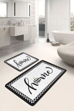 - PaspasTakimi-2li-Set1034-Gorsel-2 - Realhomes  2'li Set Siyah Beyaz Zeminde Çerçeveli Motifli Home Yazılı Desenli Klasik Sade & Şık  2'li Banyo & Mutfak Paspas Takımı Realhomes