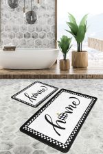 - PaspasTakimi-2li-Set1034-Gorsel-4 - Realhomes  2'li Set Siyah Beyaz Zeminde Çerçeveli Motifli Home Yazılı Desenli Klasik Sade & Şık  2'li Banyo & Mutfak Paspas Takımı Realhomes