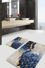 - PaspasTakimi-2li-Set1036-Gorsel-1 - Realhomes  2'li Set Lacivert - Gold Zeminde Mozaik Motifli Mermer Desenli Geometrik Klasik  2'li Banyo & Mutfak Paspas Takımı Realhomes